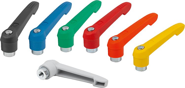 Plastic clamping levers with internal thread, steel parts blue-passivated